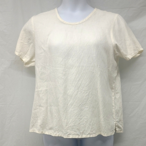 Linen T-shirt Top Creamy White Crew Neck Short Sleeve Washable Gorpcore Boho - Picture 1 of 8